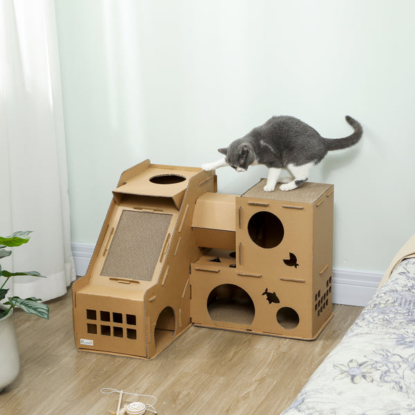 Multi-level corrugated cardboard cat house with scratching posts