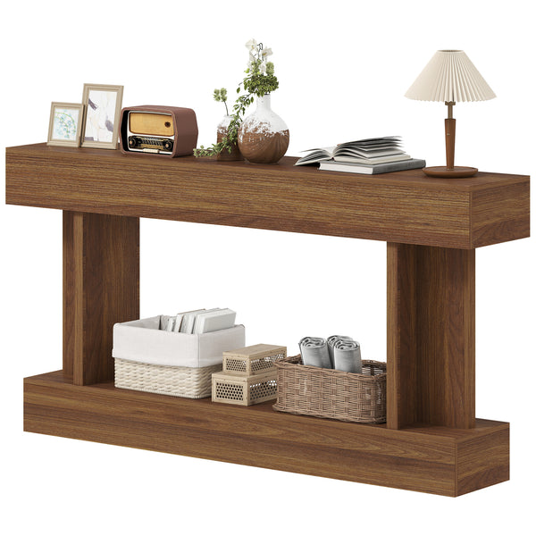 Vintage-style console table, narrow, with storage shelf, dark brown