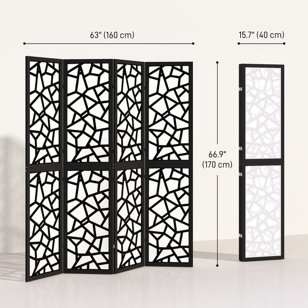 Folding screen with 4 panels, 1.70 m, lightweight and opaque, geometric pattern, black