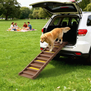 Foldable dog ramp, 10 steps, 55 lb capacity, brown