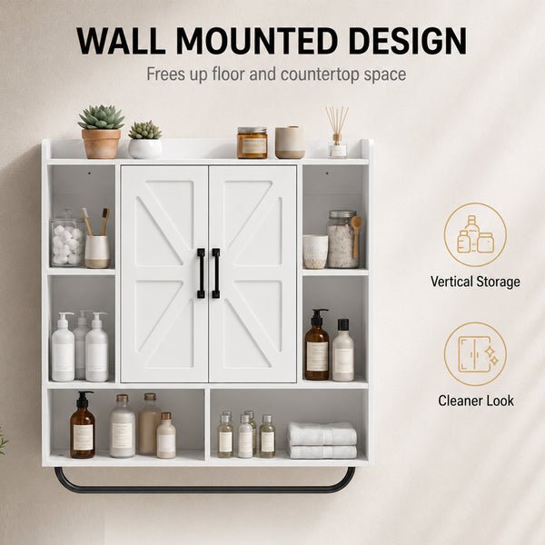 Bathroom wall cabinet with adjustable shelf and towel rack, white