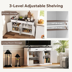 55" Country Style Sideboard with Top, 4 Barn Doors, 2 Drawers and 2 Adjustable Shelves, White