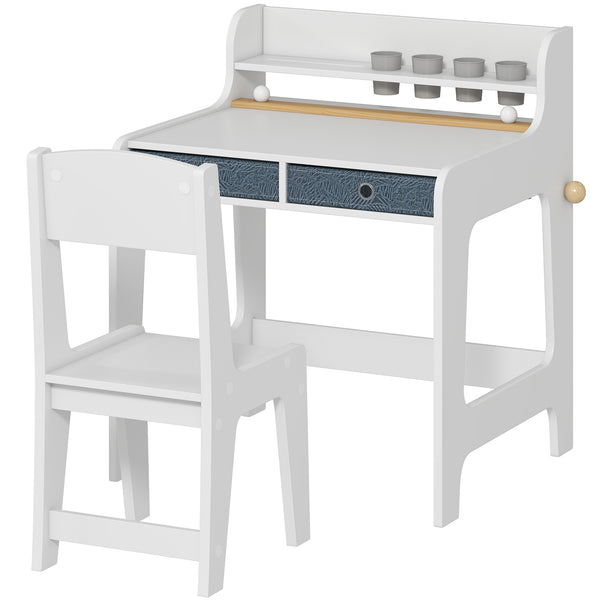 Table and chair set with storage shelf and drawers, white