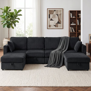 U-shaped corduroy sofa with double storage ottoman, under-seat storage, 4 cushions, dark grey