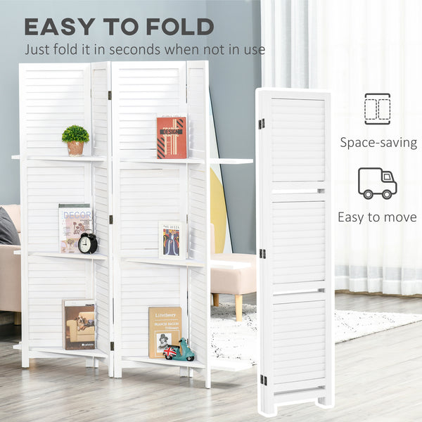 4-panel room divider with 3 storage shelves, white