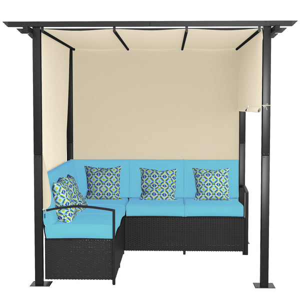 Set of woven rattan sofas and armchairs with retractable pergola, turquoise