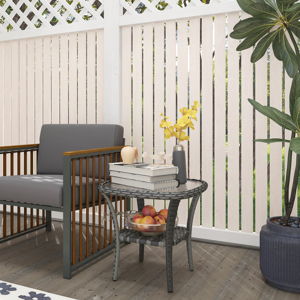 Outdoor Coffee Table with Storage Shelf, Hand-Woven Wicker Side Table with Water-Ripple Glass Top, Mix Grey