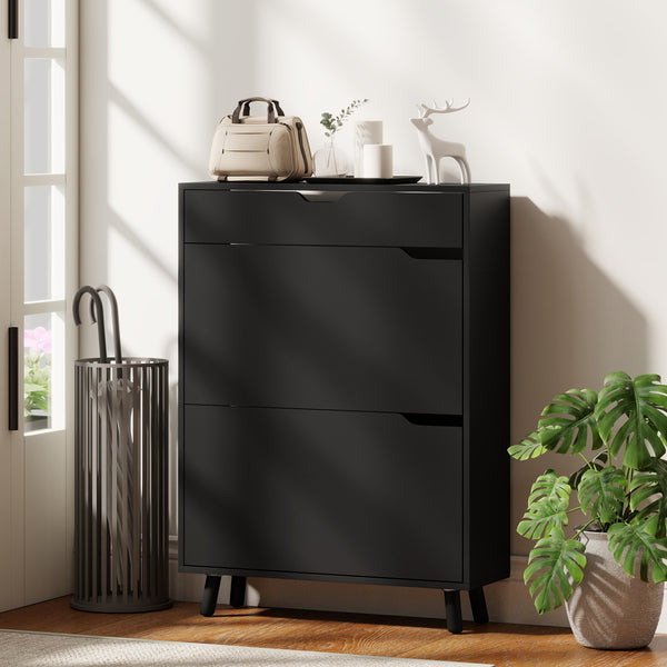 Black shoe cabinet with 2 tilt drawers and top drawer – Holds up to 12 pairs
