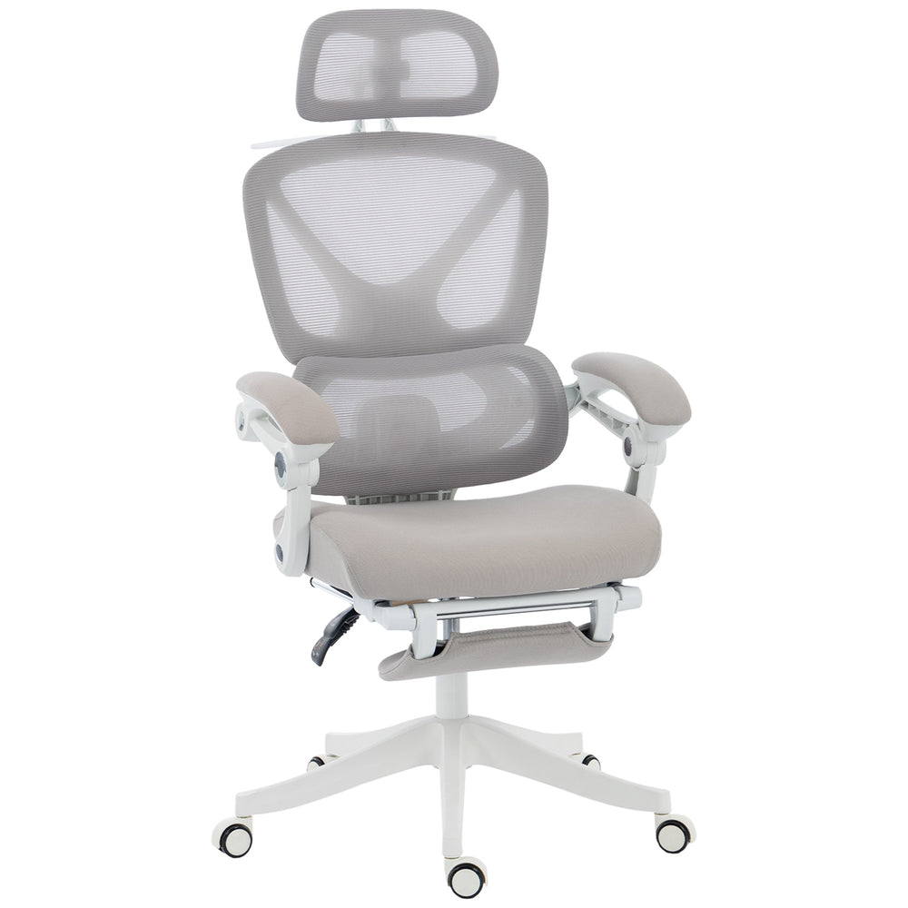 Reclining mesh office chair with footrest, light gray