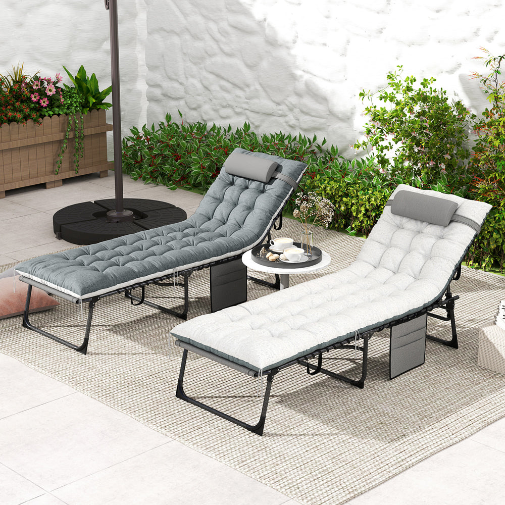 Outdoor Lounge Chair Set of 2, Folding Chaise Lounge Tanning Chair with Cushion, Side Pocket, Grey