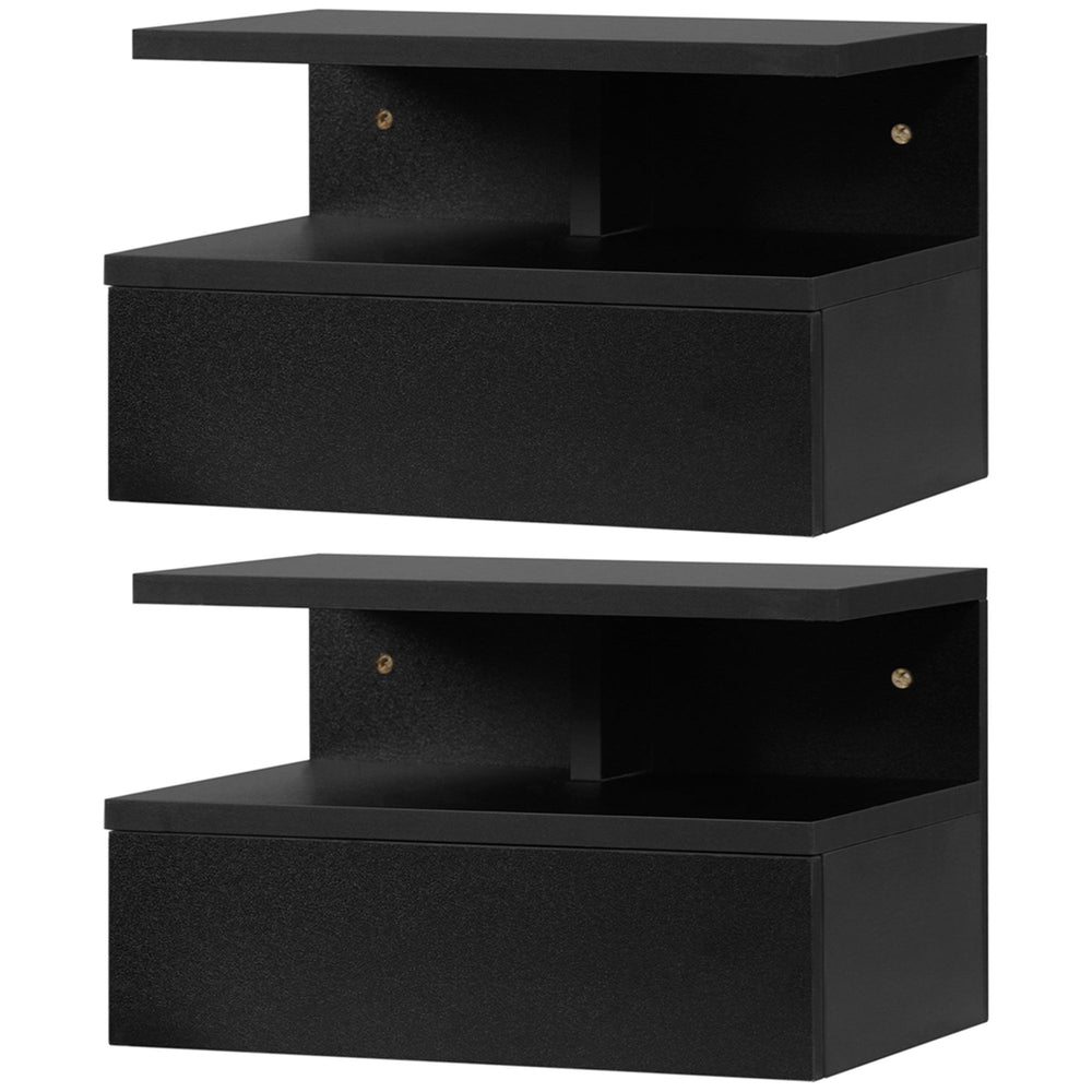 Set of 2 wall-mounted bedside tables with drawer and shelf, black