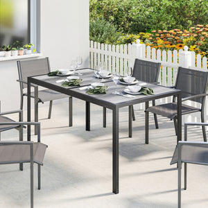 Table de salle à manger d'extérieur pour 4-6 personnes, table de terrasse extérieure de 150 cm avec pieds en métal, plateau effet bois, gris