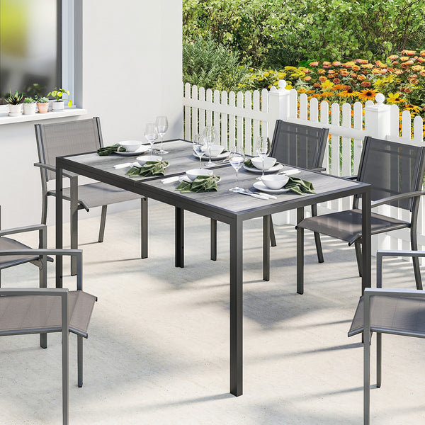 Table de salle à manger d'extérieur pour 4-6 personnes, table de terrasse extérieure de 150 cm avec pieds en métal, plateau effet bois, gris