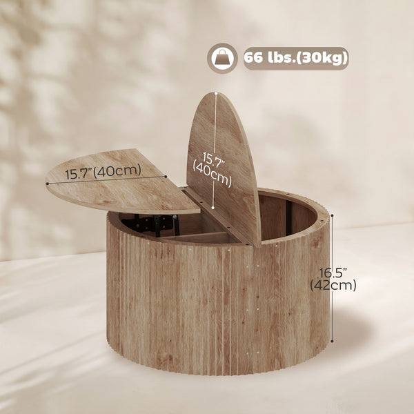 Lift-top round coffee table with hidden storage, natural wood effect