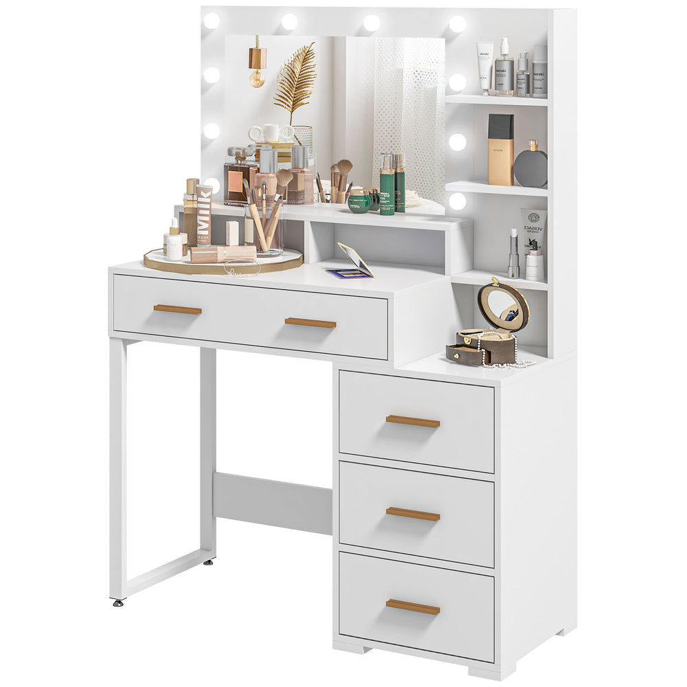 LED illuminated dressing table with mirror, drawer and storage shelves, white 