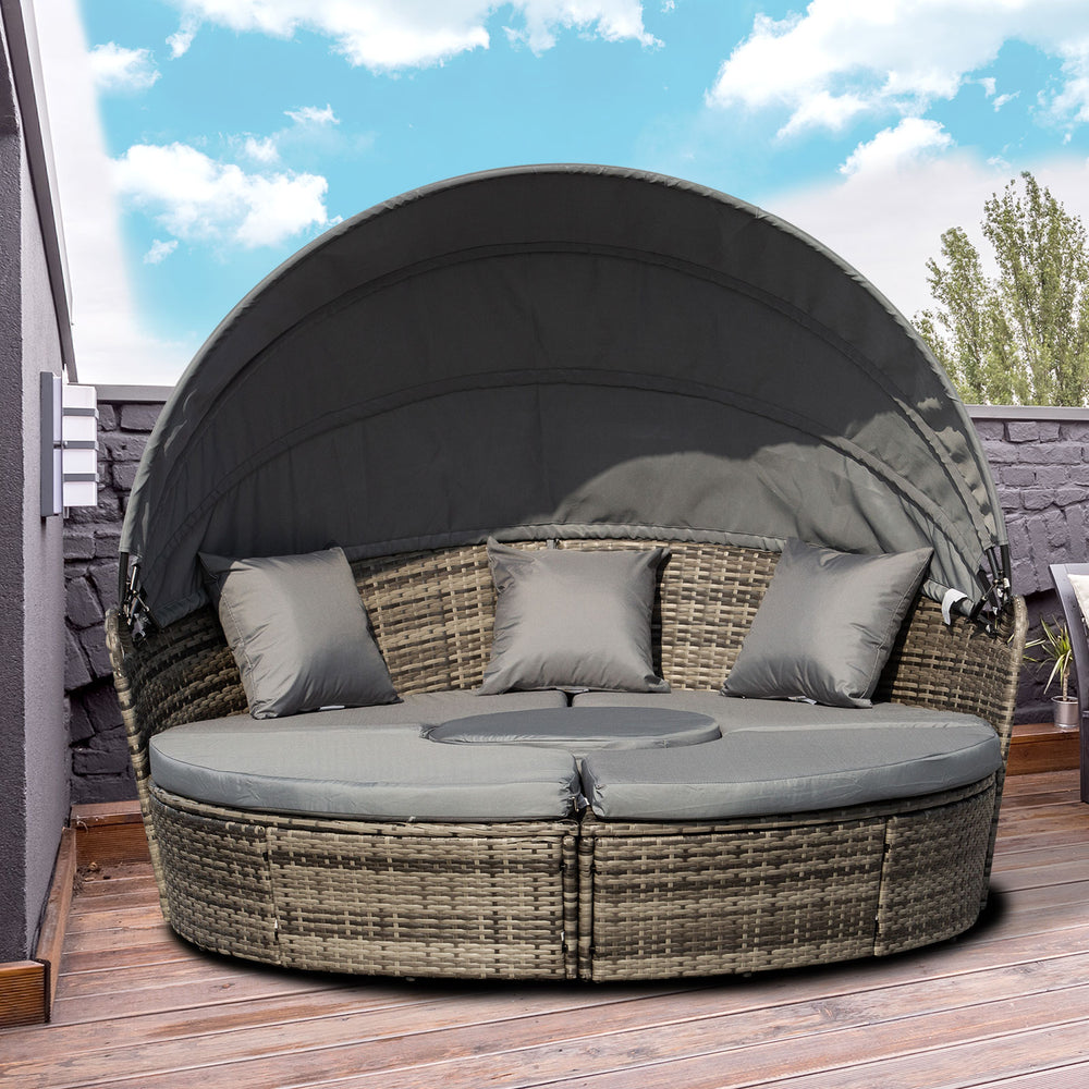 4-piece garden sofa bed with retractable canopy, grey