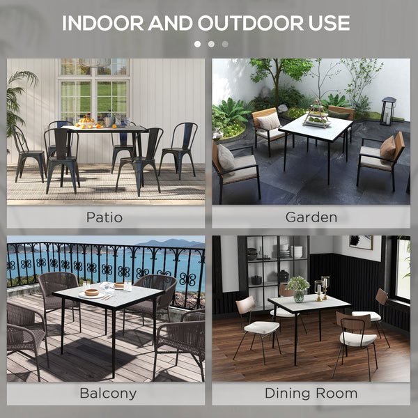 Outdoor dining table with tempered glass top with marble effect, white
