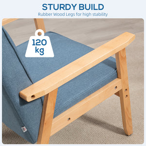 Modern fabric accent chair with tufted back and wooden legs, blue