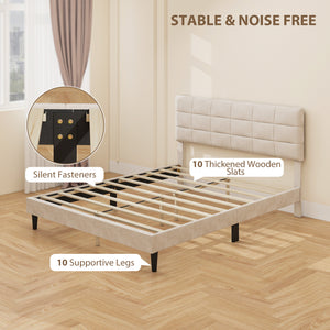 Queen Size Bed Frame with Upholstered Headboard and Wooden Slats, Cream Color