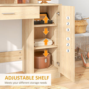 Dressing table with mirror, drawer and open compartment, natural wood