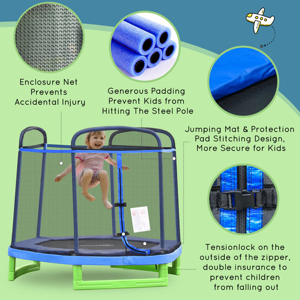 7ft Trampoline with Safety Enclosure, Built-in Zipper, Blue