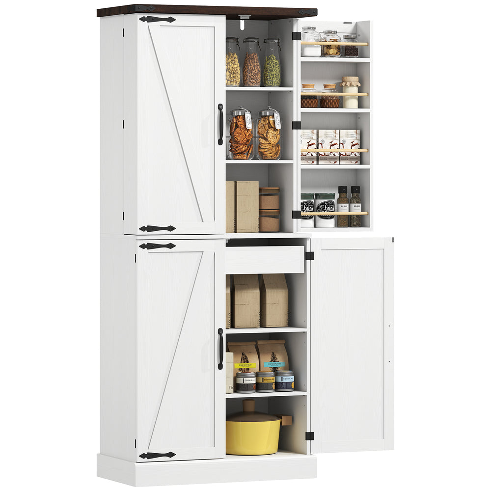 183 cm tall, farmhouse style kitchen cupboard with 8 doors and adjustable shelves, white.