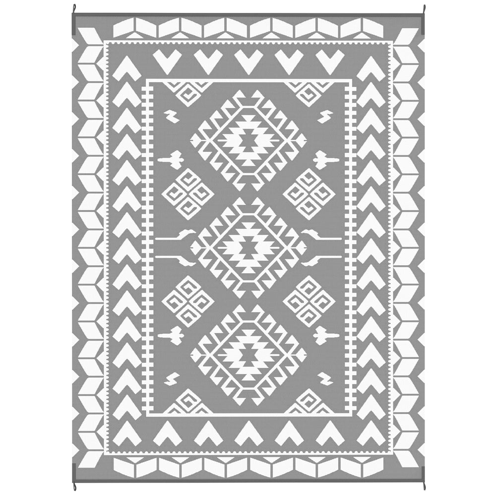 9' x 12' Outdoor RV Mat, Reversible Floor Mat with Carry Bag, Diamond Patchwork Pattern, Gray and White