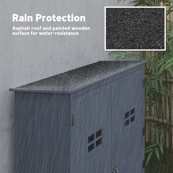 Wooden garden shed for tools with windows and double door, dark grey