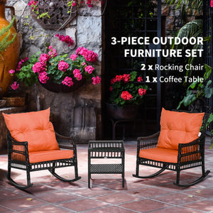 Bistro set with 2 PE rattan rocking chairs and a tempered glass table