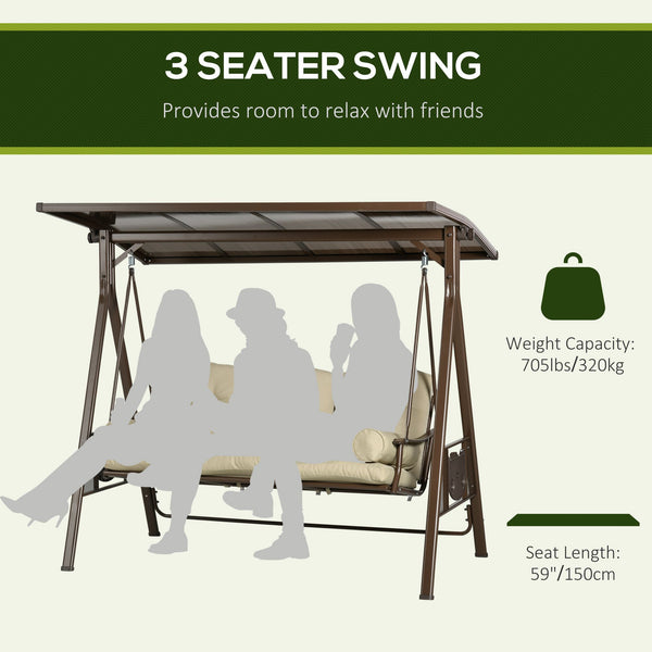 3-seater swing with cushions, pillows and adjustable polycarbonate canopy