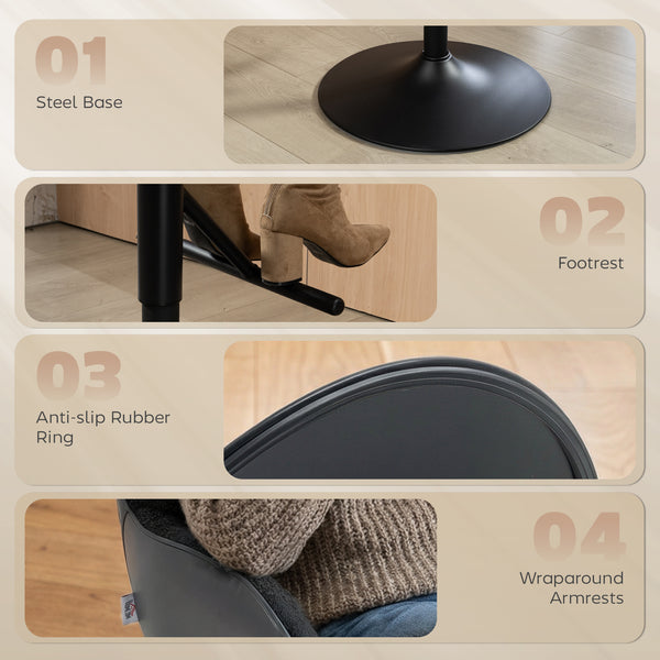 Set of 2 swivel bar stools, counter height, with backrest, footrest, armrests and adjustable height, black.