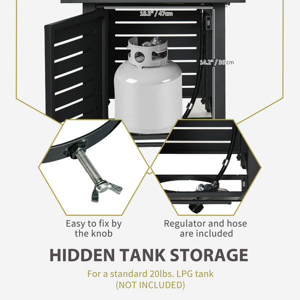 Outdoor propane gas fire pit with steel tray and lid and glass windscreen