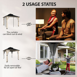 10' x 10' outdoor gazebo with double rigid steel roof, wood frame, curtains and hooks, light grey