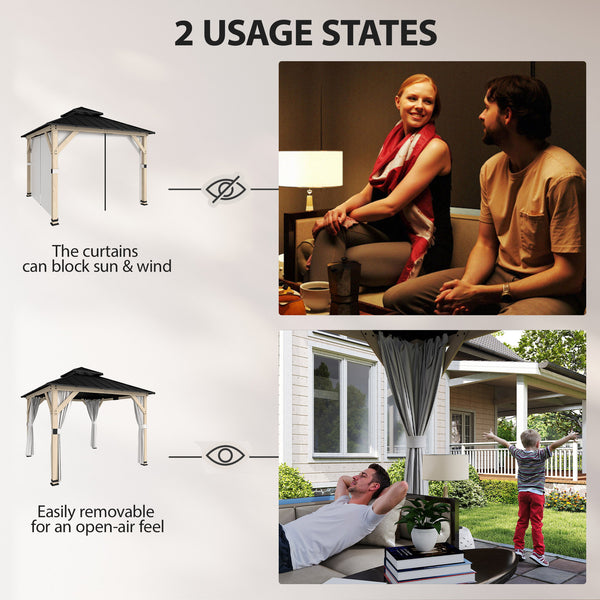 10' x 10' outdoor gazebo with double rigid steel roof, wood frame, curtains and hooks, light grey