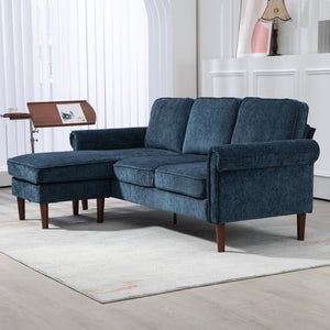 Modern corner sofa with removable chaise longue, wooden legs, dark blue