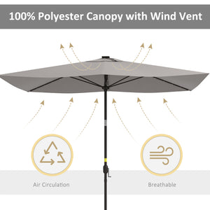 9.7-foot aluminum parasol with solar LED lighting and crank handle, light gray