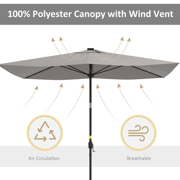 9.7-foot aluminum parasol with solar LED lighting and crank handle, light gray