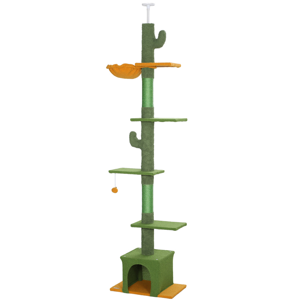 Cat tree with adjustable height from 230 to 274 cm, scratching posts, hammock, lounger and play ball, green