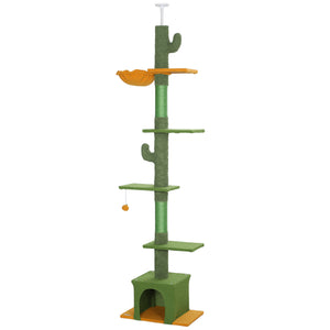 Cat tree with adjustable height from 230 to 274 cm, scratching posts, hammock, lounger and play ball, green