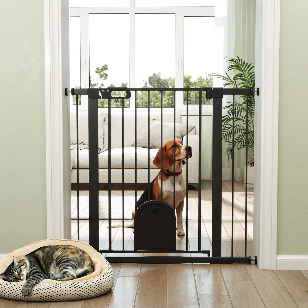 Extra Wide Pet Gate 30-41" with Small Door, Pressure Fit for Stairs, Black