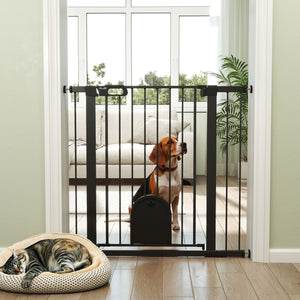 Extra Wide Pet Gate 30-41" with Small Door, Pressure Fit for Stairs, Black