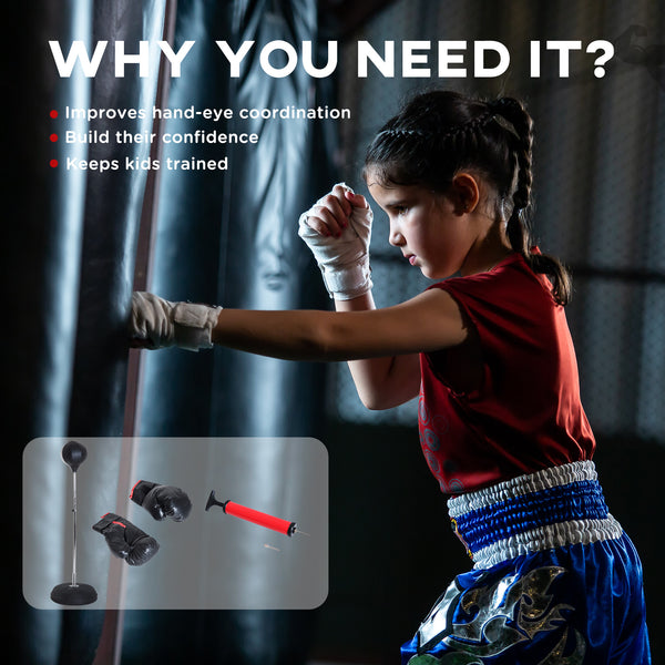 Adjustable freestanding punching bag with boxing gloves and pump – Black