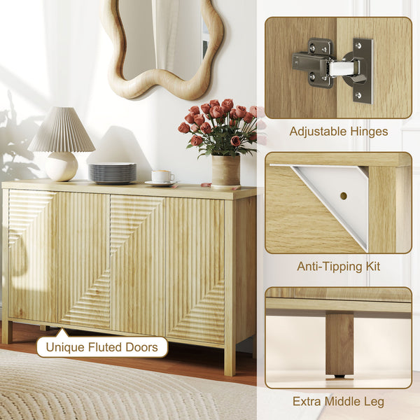 Buffet with fluted doors, push-to-open mechanism, 2 adjustable shelves and 4 doors, natural color