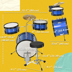 7-piece children's drum set with seat, cymbal, pedal and drumsticks, blue