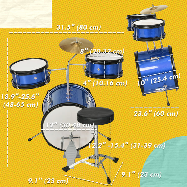 7-piece children's drum set with seat, cymbal, pedal and drumsticks, blue