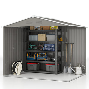 Metal garden shed with lockable sliding doors and ventilation, light grey