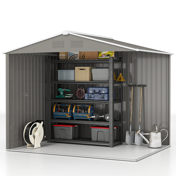Metal garden shed with lockable sliding doors and ventilation, light grey