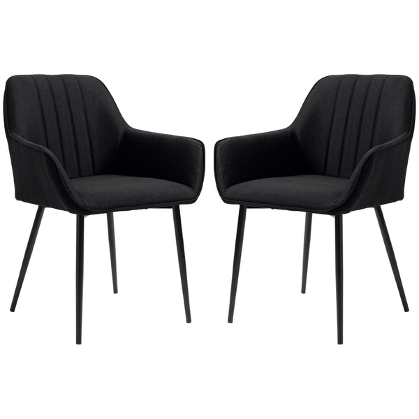 Set of 2 linen-upholstered dining chairs with metal legs, black