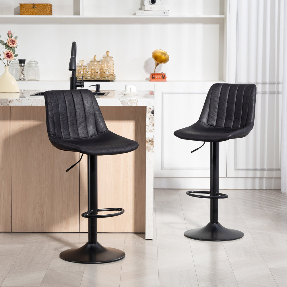 Set of 2 bar stools, adjustable height, swivel seat, faux leather upholstery, black.