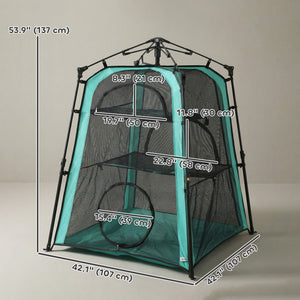 3-tier portable pet tent, indoor/outdoor use, multiple doors, carry bag, and breathable mesh.